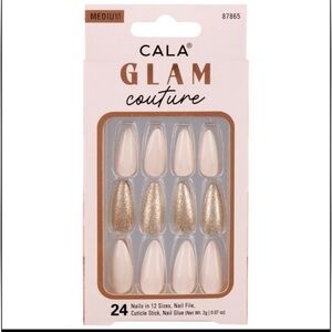 CALA Glam Couture Medium Press-on Nails 24 set w/ glue Nude & Gold glitter
